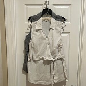 Two Coldwater Creek Sleeveless Blouses. One Cream one gray pinstripe